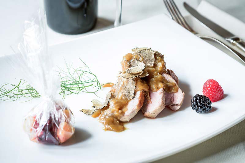 Pork fillet with scallion and black truffle - Boccanegra Restaurant Florencewith baked red beet and potatoes ″cartoccio″